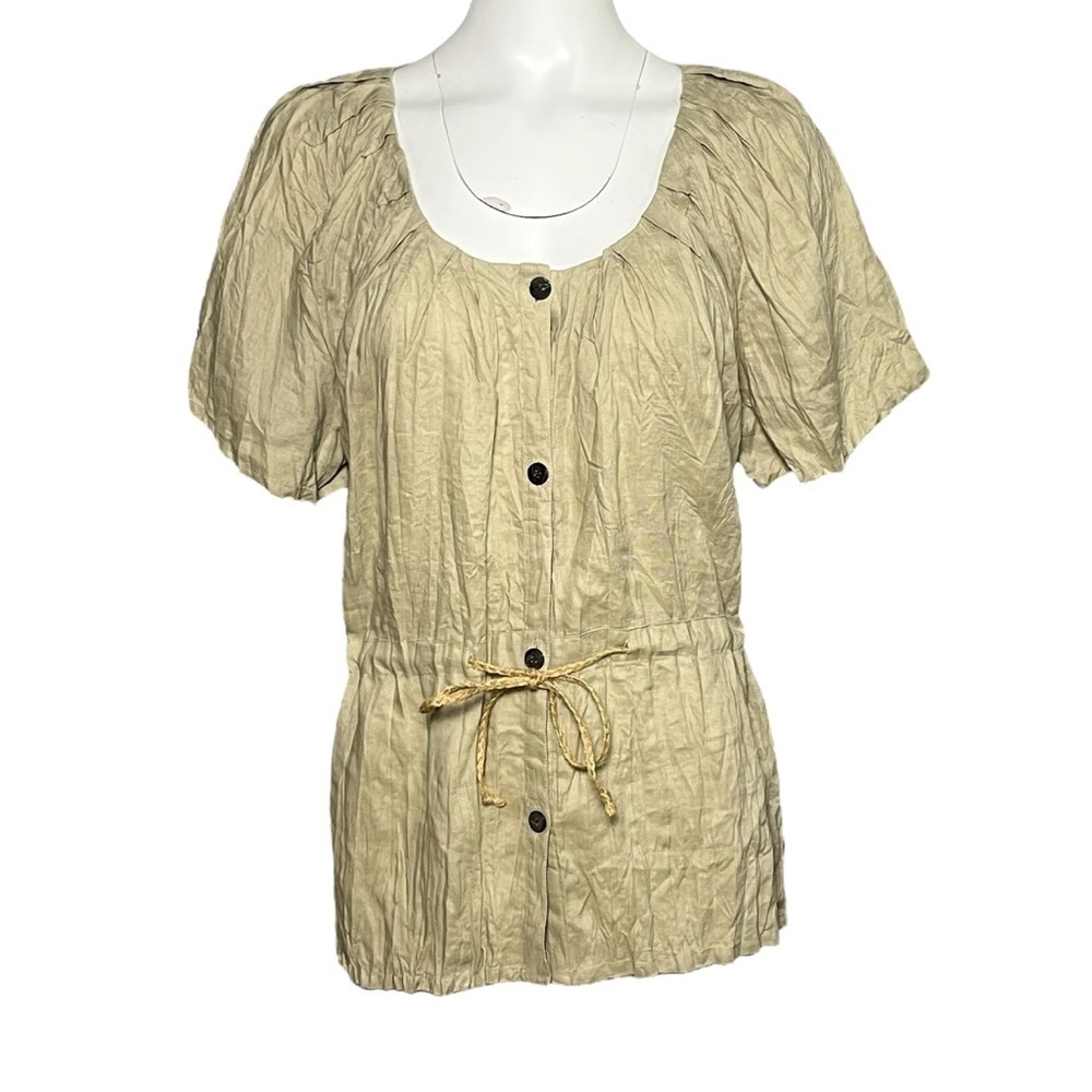 Calypso St. Barth Linen Pleated Tunic Top Lagenlook Beige Taupe Size Large